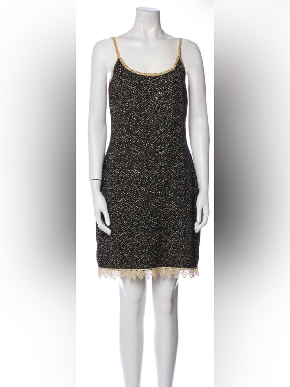 St. John Black Dress with Gold Metallic Speckle and Lace Hem